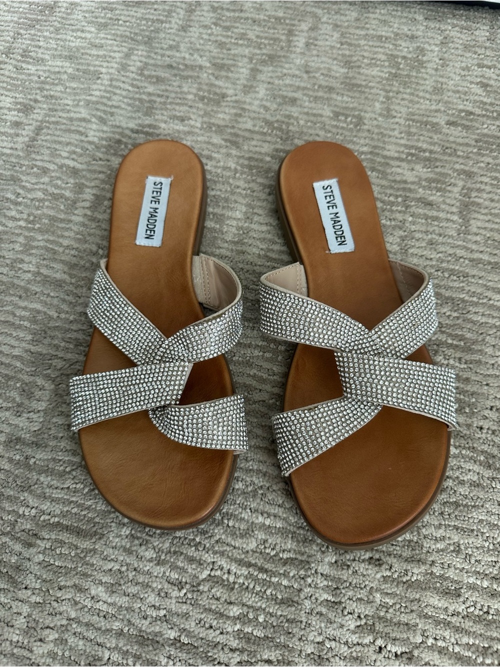 Steve Madden Silver Crystal Cross-Strap Slide Sandals